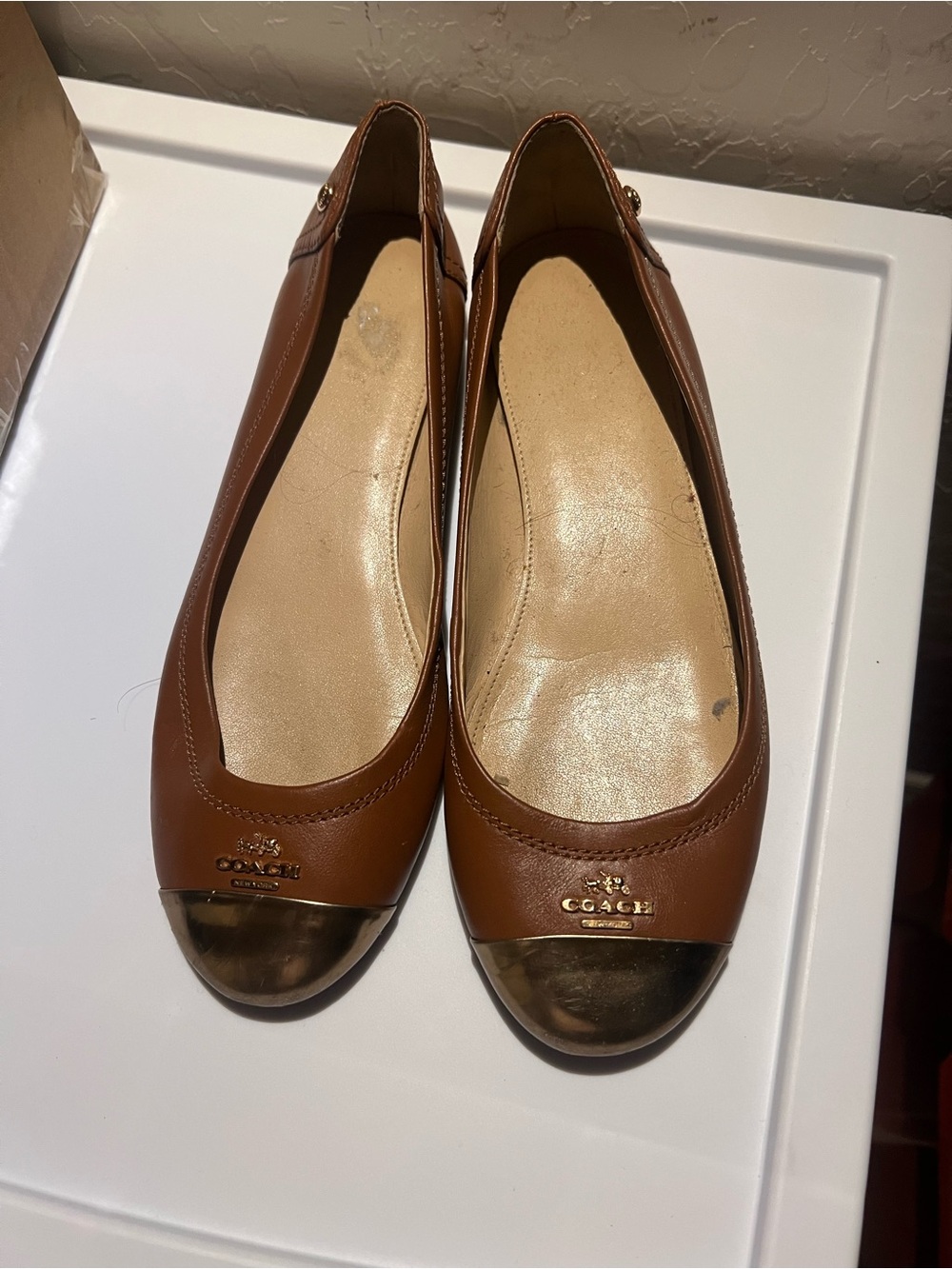 Coach Tan Leather Ballet Flats with Gold Cap Toe